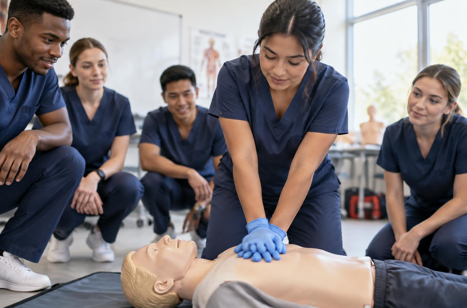 Healthcare students practicing CPR on a training mannequin